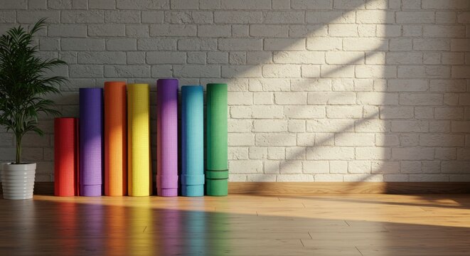 Colorful yoga mats against a brick wall lit by sunlight creating shadows