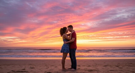 Fototapeta premium Couple embraces at sunset beach scene with colorful sky background