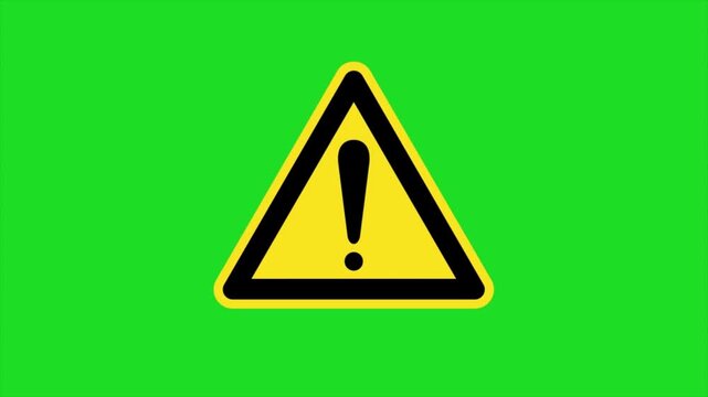 Warning sign animation on green screen background caution symbol with exclamation mark hazard alert icon for safety message chroma key video