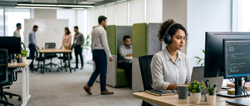 Focused young South Asian female software developer wearing headphones coding at her desk in a busy, modern open-plan office.