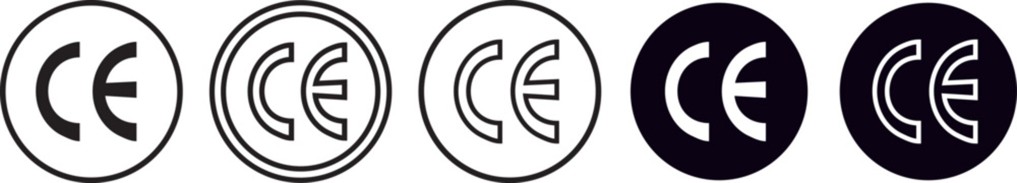 PrintSet of black CE marking icon sign isolated on white background. official CE mark graphics illustrating quality and safety compliance for products. Vector illustration

