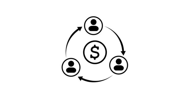Online collaboration circular flow of money and people with a dollar sign at the center surrounded by three human figures in a continuous loop with arrows indicating movement on a