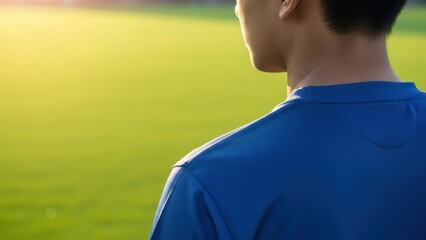 Naklejka premium Close Up Back Of Athlete In Blue Jersey On Pitch