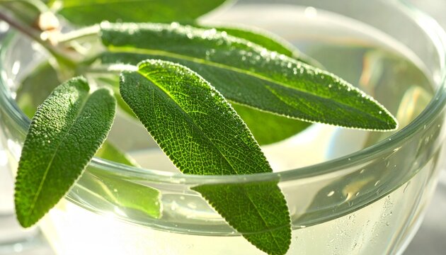 Fresh green sage leaves steeping in a clear glass of water for herbal tea.