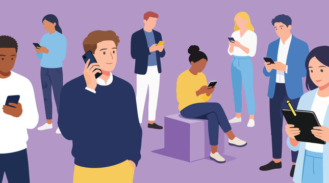 Diverse People Using Digital Devices Flat Vector Illustration for Tech Concept