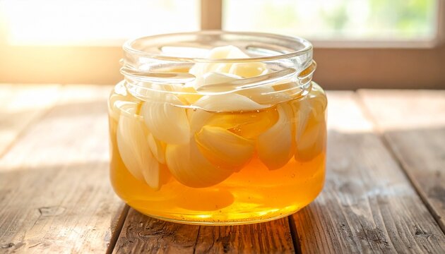 Homemade kombucha tea with a SCOBY in a glass jar on a rustic wooden table with natural sunlight.