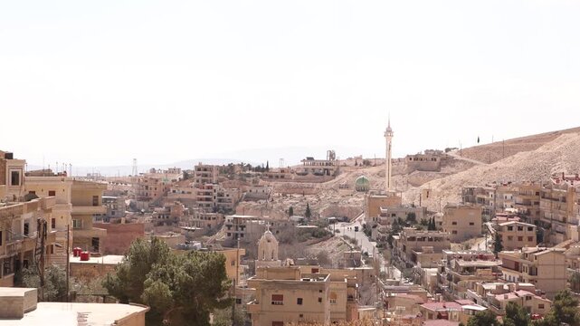 aerial view of a monastery dome in Maaloula, Syria, featuring religious frescoes and circular architecture, spiritual atmosphere and historic Christian heritage
