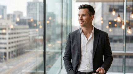 Plakat Confident businessman in a modern office, looking out a large window at a blurred city skyline, holding a smartphone