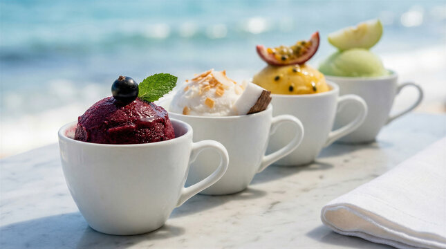 Four vibrant and refreshing fruit sorbets in white cups, featuring berry, coconut, passion fruit, and lime, by the sea