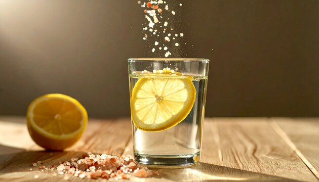 Pouring pink Himalayan salt into a glass of fresh lemon water for a healthy detox drink.