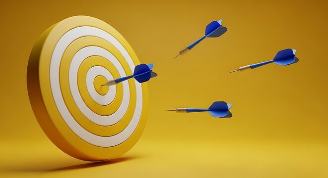 Blue darts flying toward yellow bullseye target on plain background surface.