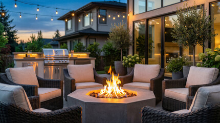 Obraz premium Luxury outdoor patio with modern fire pit, comfortable seating, outdoor kitchen, and string lights at twilight