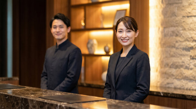 Smiling hotel staff members, a man and a woman, standing behind the reception desk in a modern hotel lobby
