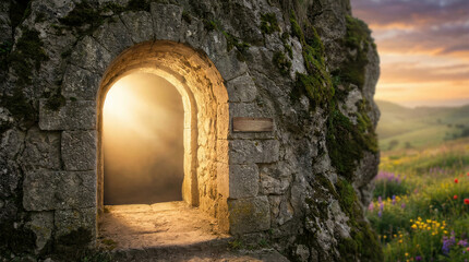 Obraz premium Stone archway with glowing light and mist, opening to a beautiful spring landscape with wildflowers and a warm sunset sky