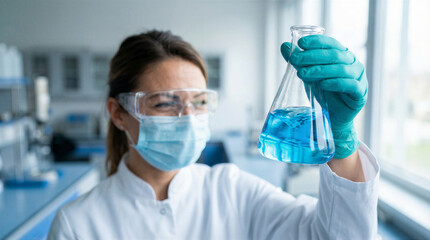 Fototapeta premium Female scientist in lab coat, safety glasses, and mask examining a blue liquid in an erlenmeyer flask in a laboratory