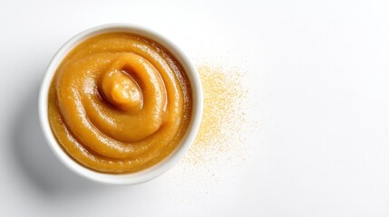 Fototapeta premium Overhead shot of a white bowl filled with smooth, golden-brown fruit puree, swirled into a vortex. Some granules rest beside