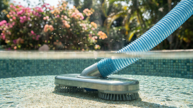 Pool cleaner vacuuming the bottom of a swimming pool with a splitlevel view, showing the underwater cleaner and a blurred garden with flowers above