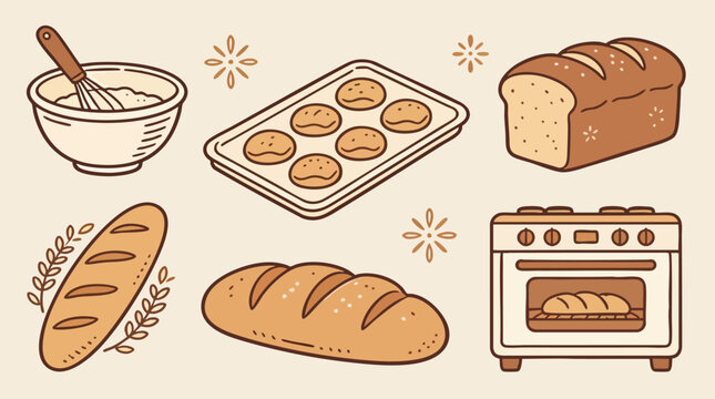 Hand-Drawn Retro Baking Icons Set - Bread, Mixing Bowl, Oven, Baguette