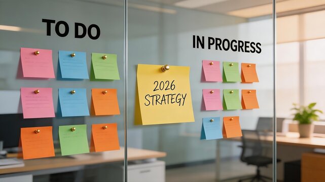 Office glass wall with task notes