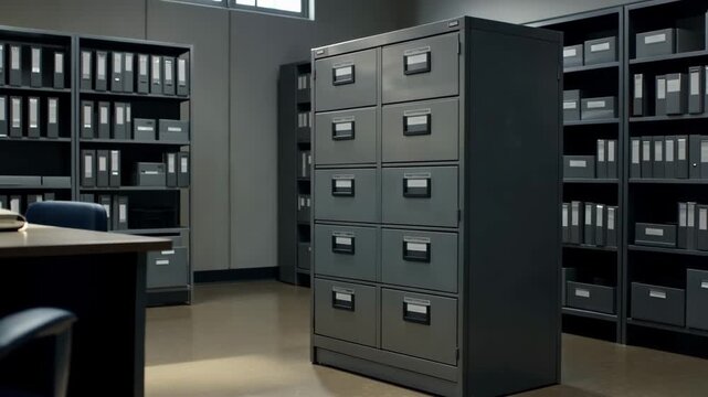 Storage unit holds file cabinets in office space during daytime hours with natural light coming through windows