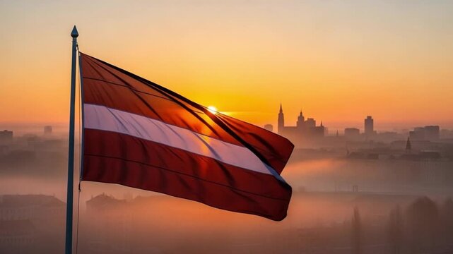 Latvian Flag Waving at Sunrise Over Misty City Skyline, Baltic Morning Atmosphere
