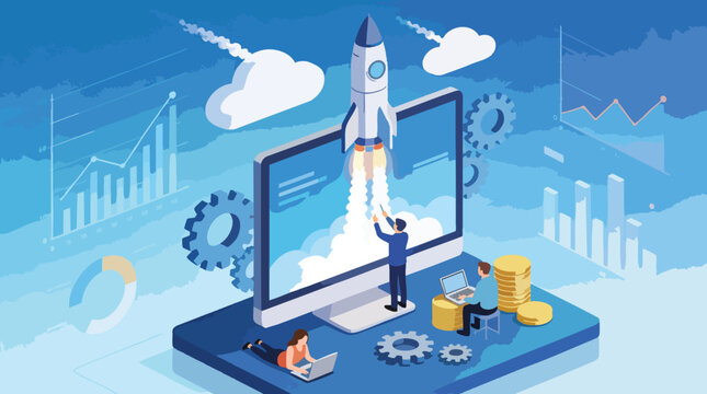 Isometric Business Startup Launch Vector Concept with Rocket and Data Analytics
