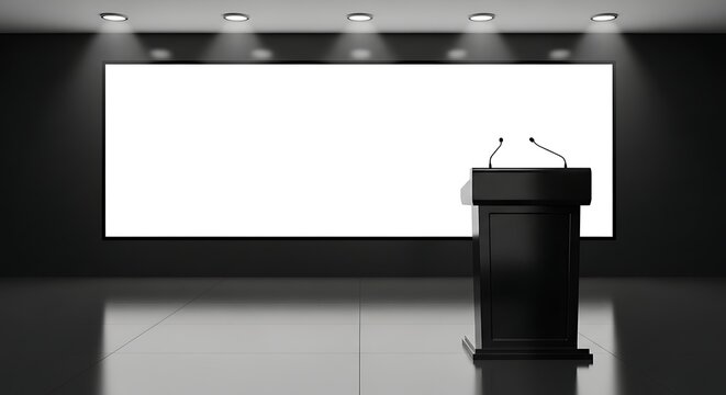 Presentation Stage with Blank Screen and Podium for Public Speaking.