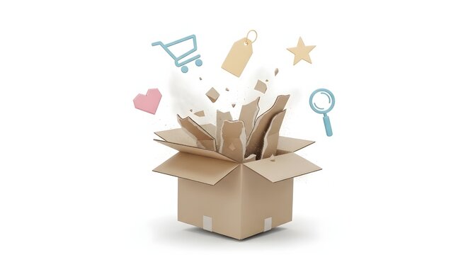 Cardboard box exploding with e-commerce icons, online shopping concept, digital marketing elements