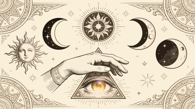 Mystical Occult Alchemy Design: The All-Seeing Eye and Celestial Bodies