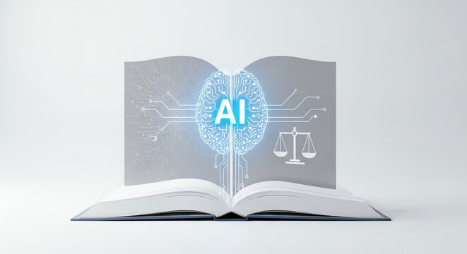 AI brain concept with scales and open book