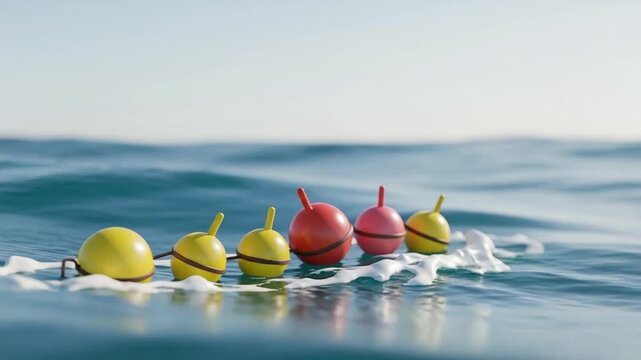 Row of yellow and red spherical buoys floating on blue ocean waves as a safety boundary line
