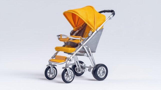A miniature baby carriage, bright yellow and silver, with sunshade extended, rests against a plain white background. The wheels appear functional