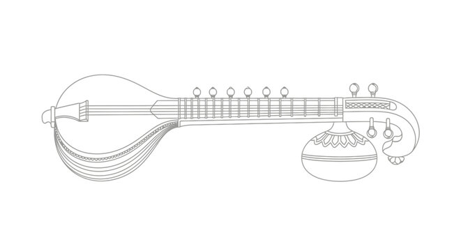 Sitar musical instrument traditional Indian stringed sitar drawing