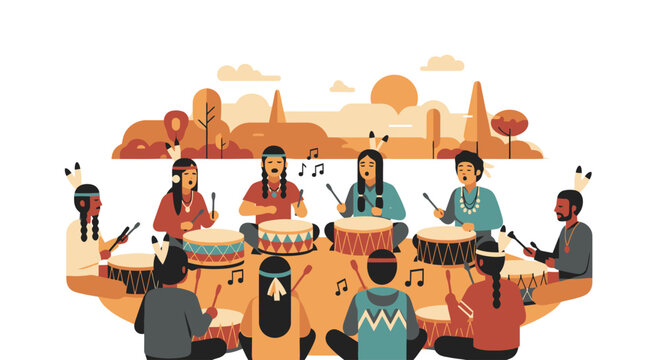Diverse group of people playing drums outdoors in a scenic landscape