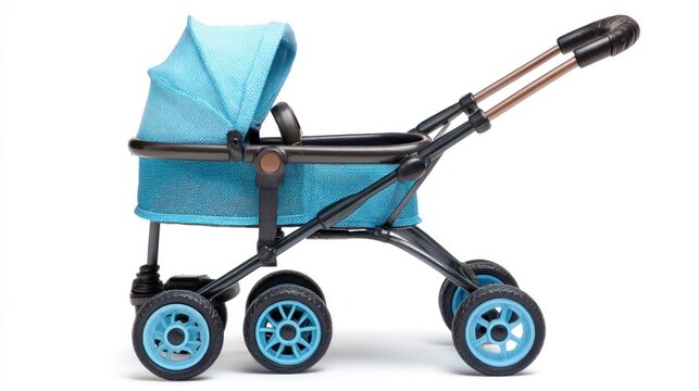 Side profile blue toy stroller with black frame & wheels against white background