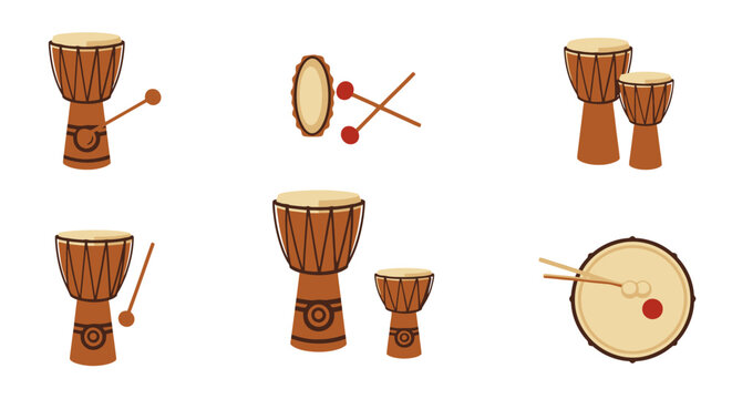 Drum Set Illustration with Various Hand Drums and Mallets