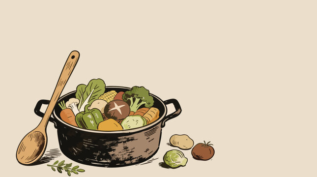 Vintage Style Vegetable Pot Illustration with Wooden Spoon and Fresh Produce