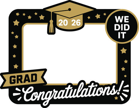 Graduation photo booth props frame, colorful illustration of party props and decorations designed for graduation celebration and festive photo sessions.