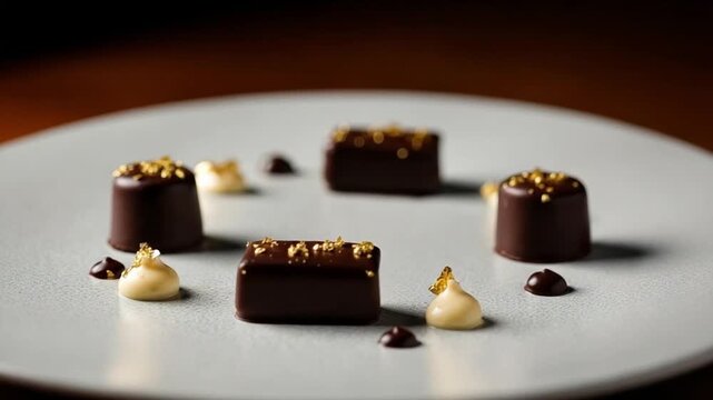 Luxury artisanal dark chocolate pralines with edible gold leaf on a minimalist plate for fine dining
