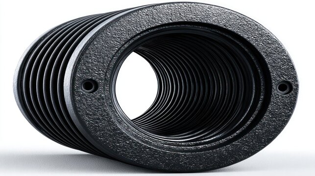 Industrial black corrugated pipe or conduit with textured rings and a white background