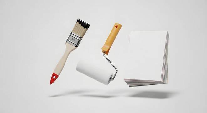 Minimalist home renovation tools, floating paint brush and roller with blank paper stack, professional interior decorating equipment on white background