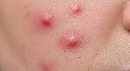 Fototapeta premium Extreme macro close-up of inflamed red pimples and skin texture, showing pores, small hairs, and bumps in high detail for medical use.
