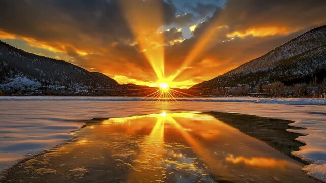 Winter Sunset Reflection over Icy Lake with Dramatic Mountain Sky