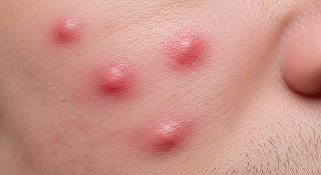Extreme macro shot of red, inflamed acne blemishes and pimples on human facial skin.