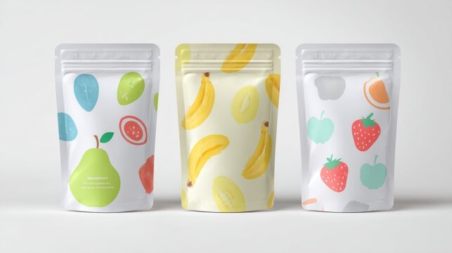 Three stand-up pouches with colorful fruit patterns, white backgrounds, and silver zipper tops on a plain, lit surface