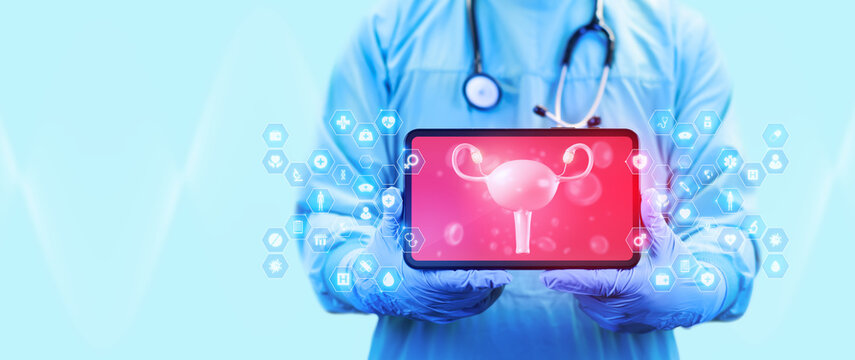 Doctor holding a tablet. Medical AI in women's health, telemedicine, and digital gynecological diagnosis with early detection of uterine fibroids and clinical monitoring. Isolated.