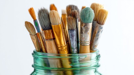 Fototapeta premium A close-up showcases an assortment of well-used paintbrushes in a clear, green-tinted glass jar against a soft white backdrop