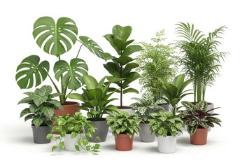 Fototapeta premium Lush indoor tropical plants collection in modern white pots on bright background