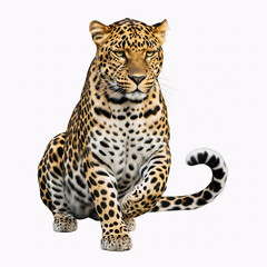 Obraz premium Majestic leopard sitting in natural pose with detailed fur patterns and golden eyes