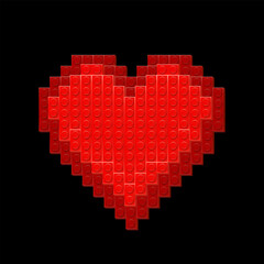 Red heart made with plastik constructor parts isolated on black background. Play and build concept. Vector illustration © boxerx